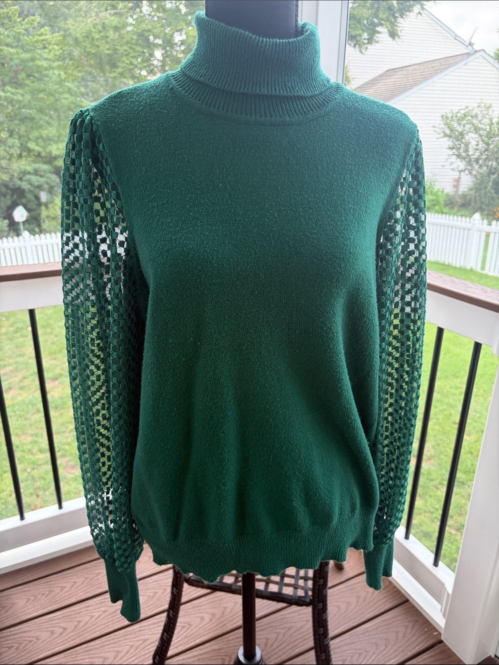 Marled Forest Green Turtleneck Sweater with Lace Openwork Sleeves